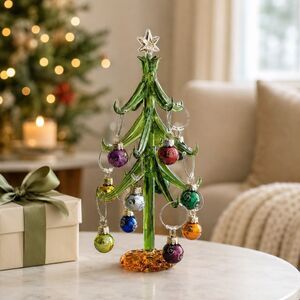 Pier 1 Imports Blown Glass Christmas 9” Tree w/12 Mini Glass Ornament Wine Charm